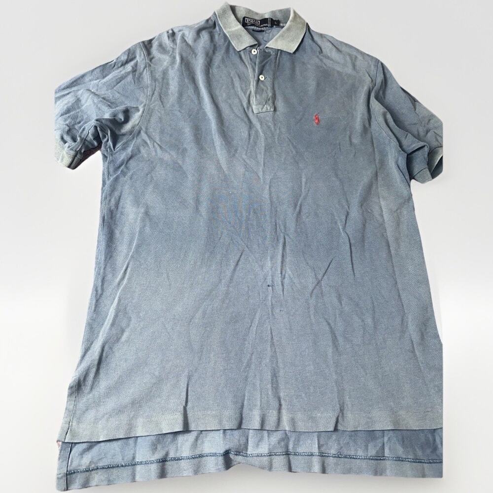 Vintage Polo Ralph Lauren Polo Shirt Mens L Blue Slim Fit Pink Pony Short Sleeve